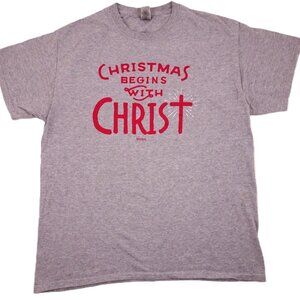 Kerusso Christmas Begins with Christ t-shirt Large Jesus Christian Gray L Church
